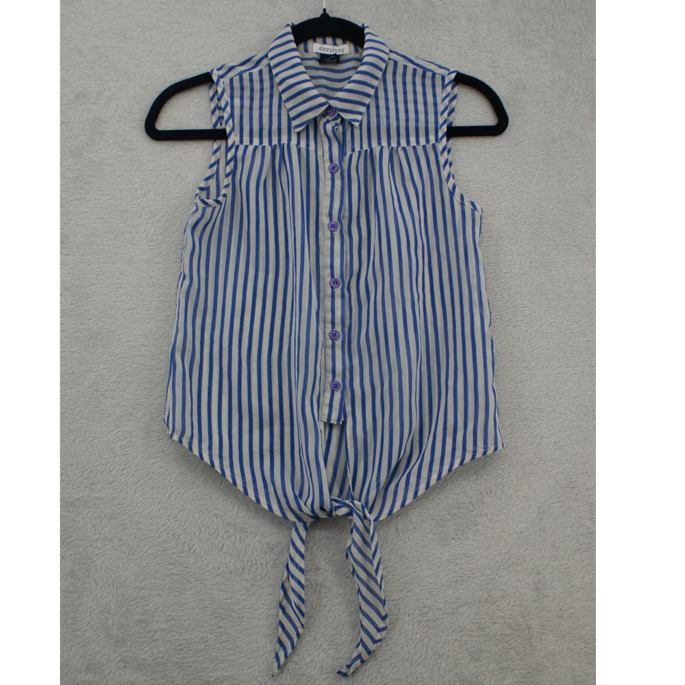 Dizzylissy Womens XS Blue White Striped Sleeveless Tie Front Button Down Top‎